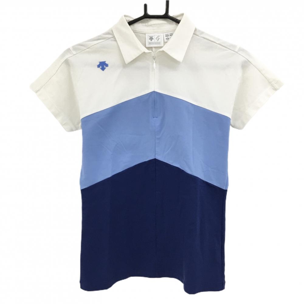 デサントゴルフ 半袖ポロシャツ 白×ライトブルー×ネイビー ハーフジップ 3トーンカラー 中田英寿  レディース M ゴルフウェア DESCENTE