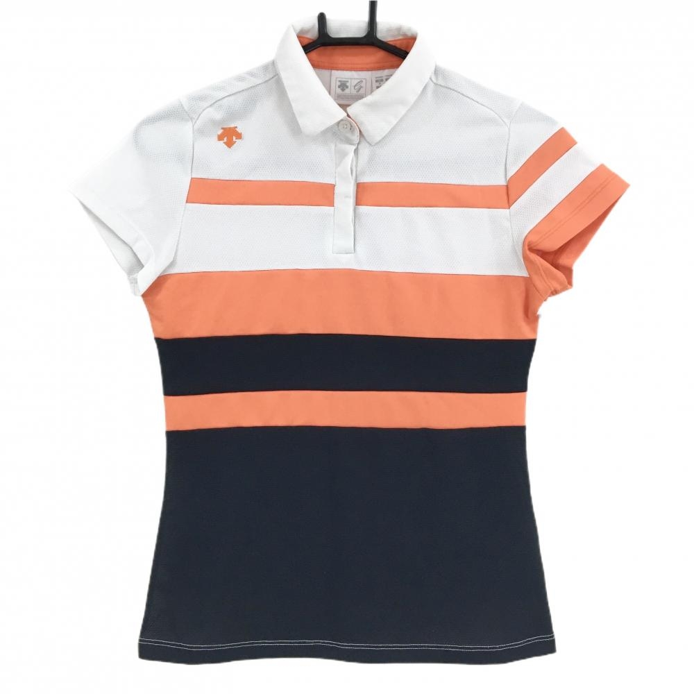デサントゴルフ 半袖ポロシャツ 白×オレンジ×黒 ボーダー 肩ロゴ 中田英寿  レディース M ゴルフウェア DESCENTE