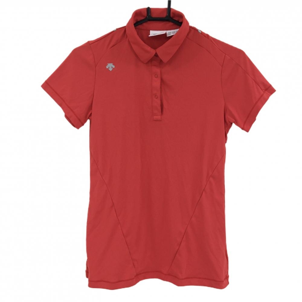 【超美品】デサントゴルフ 半袖ポロシャツ レッド×シルバー スナップボタン 肩ロゴ レディース M ゴルフウェア DESCENTE
