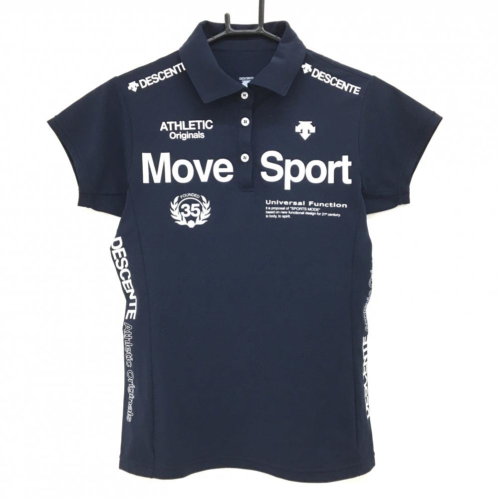 【超美品】デサント 半袖ポロシャツ ネイビー×白 フロントロゴ 英字 Move Sport レディース M ゴルフウェア DESCENTE
