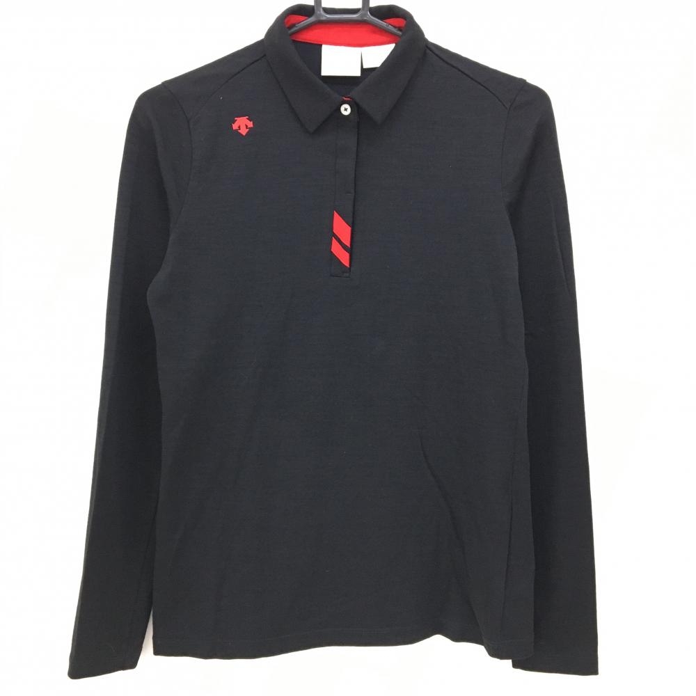 【超美品】デサントゴルフ 長袖ポロシャツ 黒×レッド 前立てライン 中田英寿 レディース L ゴルフウェア DESCENTE