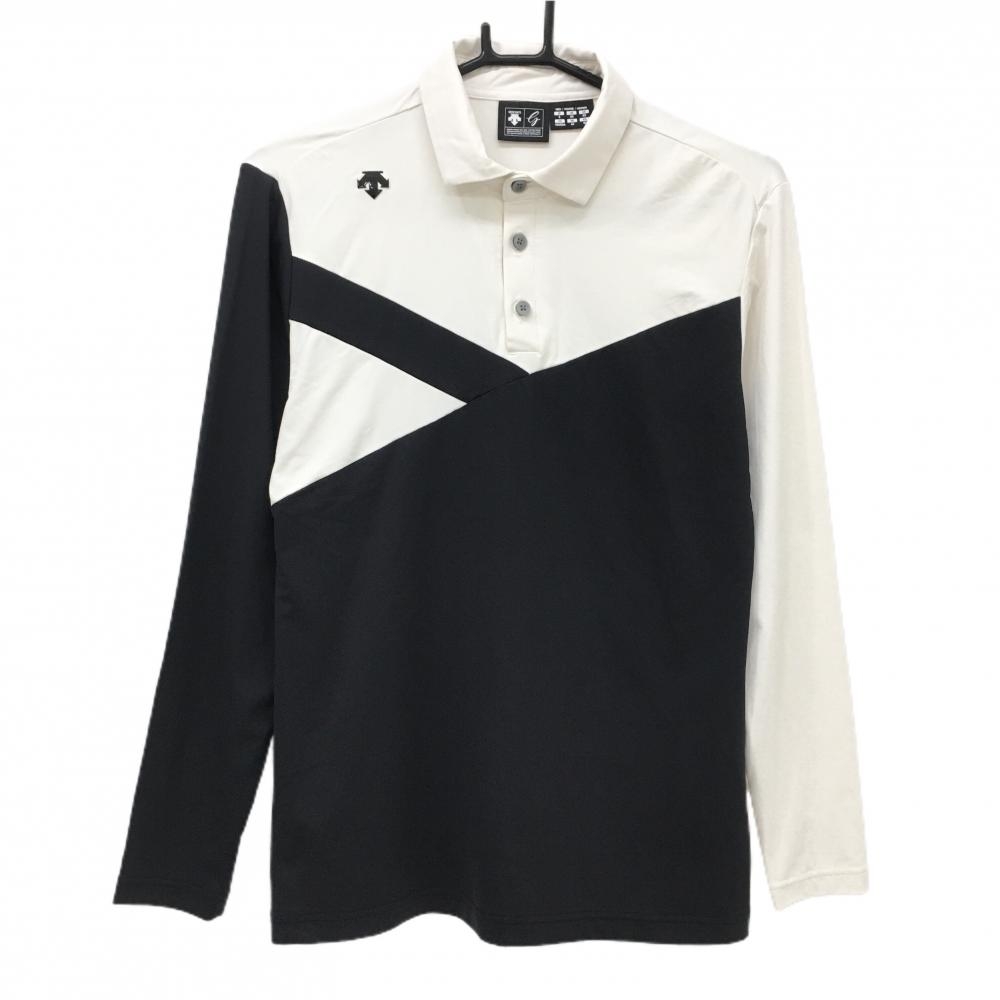 【美品】デサントゴルフ 長袖ポロシャツ アイボリー×黒 肩ロゴ ストレッチ 中田英寿 レディース S ゴルフウェア DESCENTE