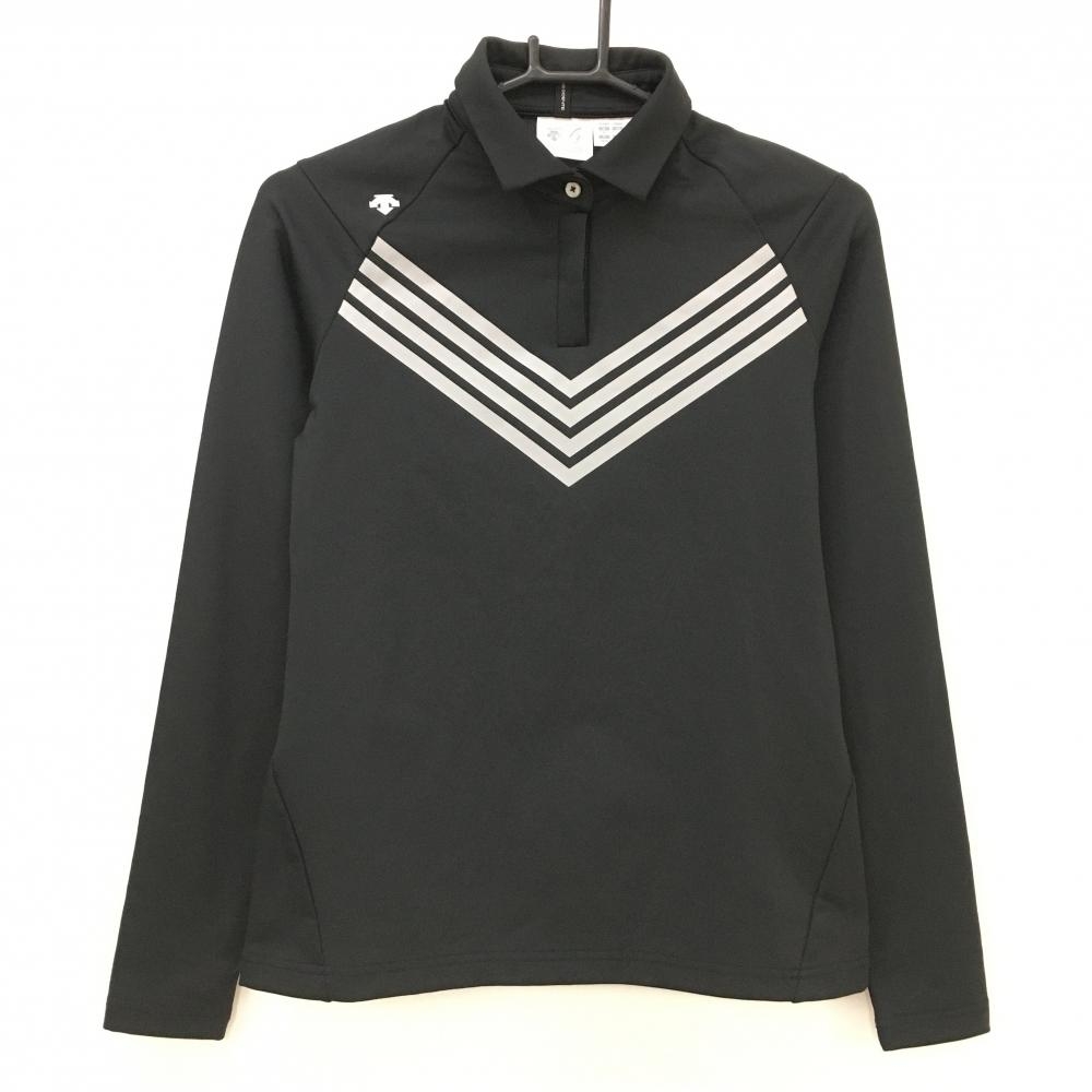 【超美品】デサントゴルフ 長袖ポロシャツ 黒×ライトグレー 肩ロゴ ストレッチ 中田英寿 レディース M ゴルフウェア DESCENTE