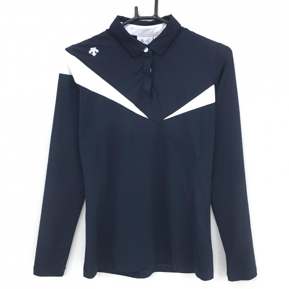 デサントゴルフ 長袖ポロシャツ ネイビー×白 肩ロゴ ストレッチ 中田英寿  レディース M ゴルフウェア DESCENTE