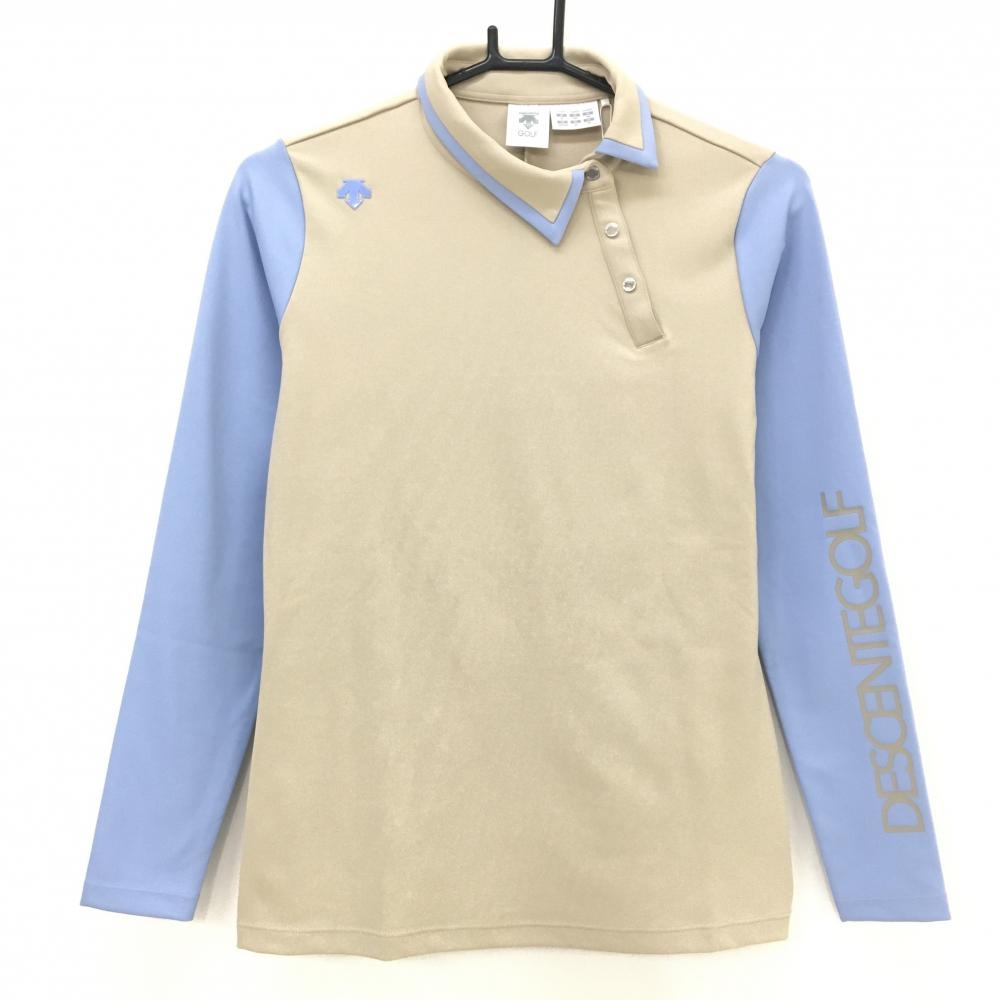 【新品】デサントゴルフ 長袖ポロシャツ ベージュ×ライトブルー 袖ロゴ 裏微起毛 スナップボタン レディース M ゴルフウェア DESCENTE