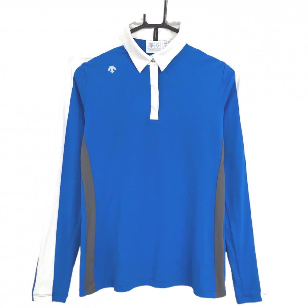 【美品】デサントゴルフ 長袖ポロシャツ ブルー×白 肩ロゴ ストレッチ サイド2ライン 中田英寿 レディース M ゴルフウェア DESCENTE