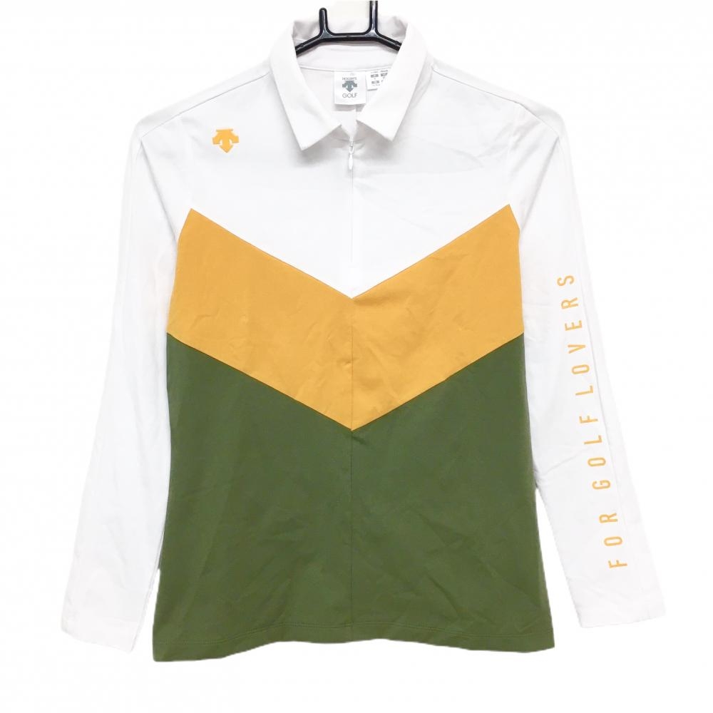 デサントゴルフ 長袖ポロシャツ 白×オレンジ×カーキ ハーフジップ 肩ロゴ 中田英寿 レディース S ゴルフウェア DESCENTE