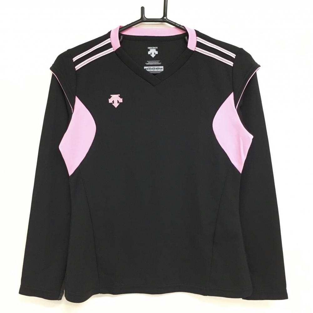デサント 長袖Ｔシャツ 黒×ピンク ロゴプリント 肩ライン  レディース M ゴルフウェア DESCENTE