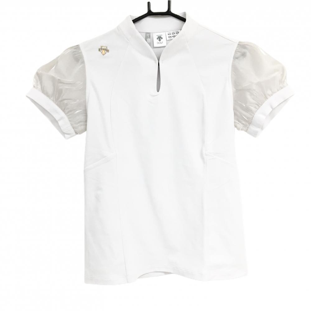 【新品】デサントゴルフ 半袖シャツ 白 パフスリーブ LUXE COLLECTION スワロフスキー 中田英寿 レディース L ゴルフウェア DESCENTE
