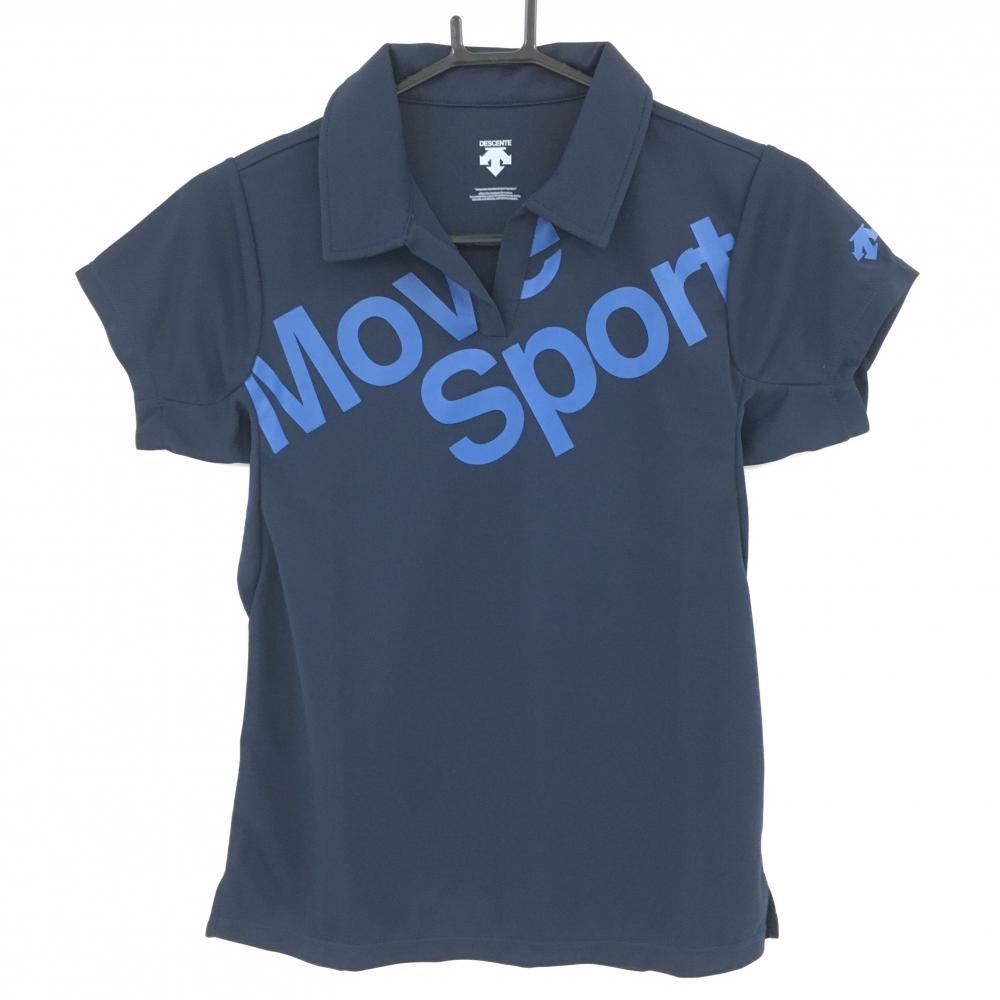 【超美品】デサント 半袖スキッパーシャツ ネイビー×ブルー ロゴ レディース M ゴルフウェア DESCENTE