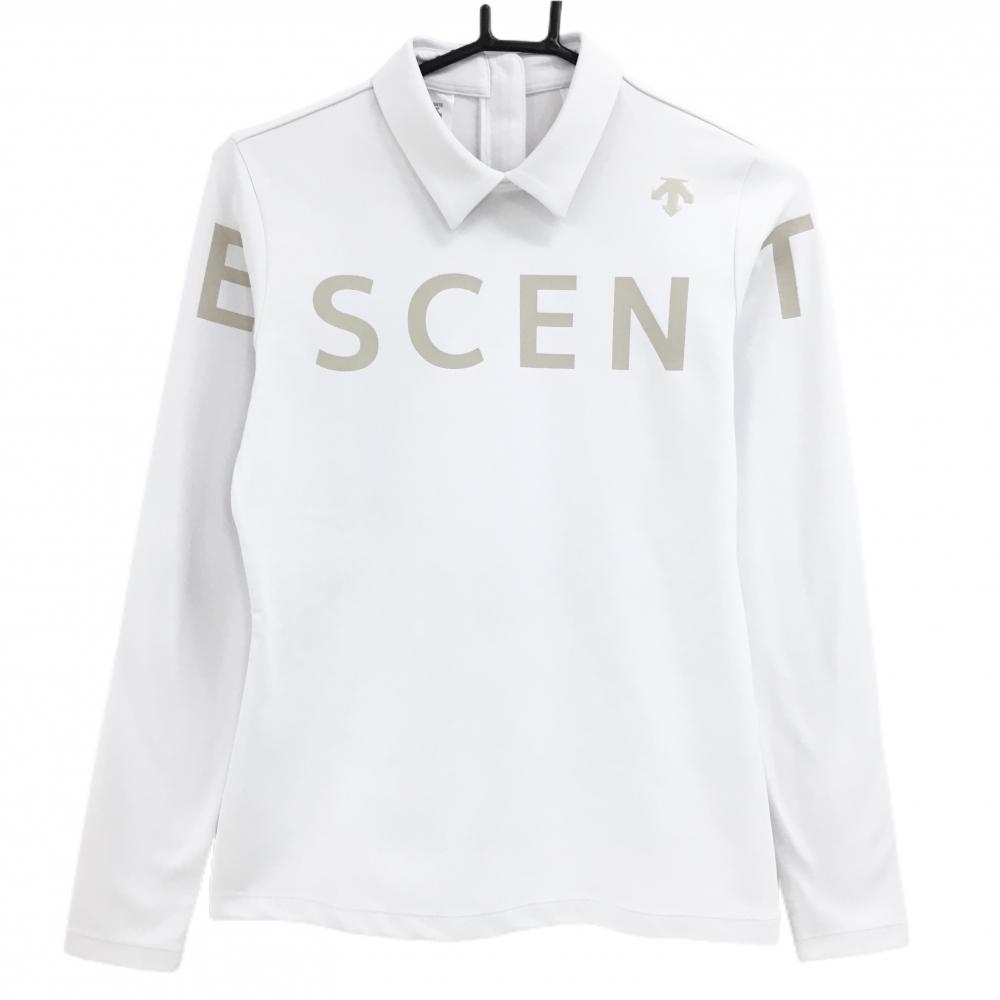 【美品】デサントゴルフ 襟付長袖シャツ 白×ベージュ ビッグロゴ バックジップ 中田英寿 レディース M ゴルフウェア DESCENTE