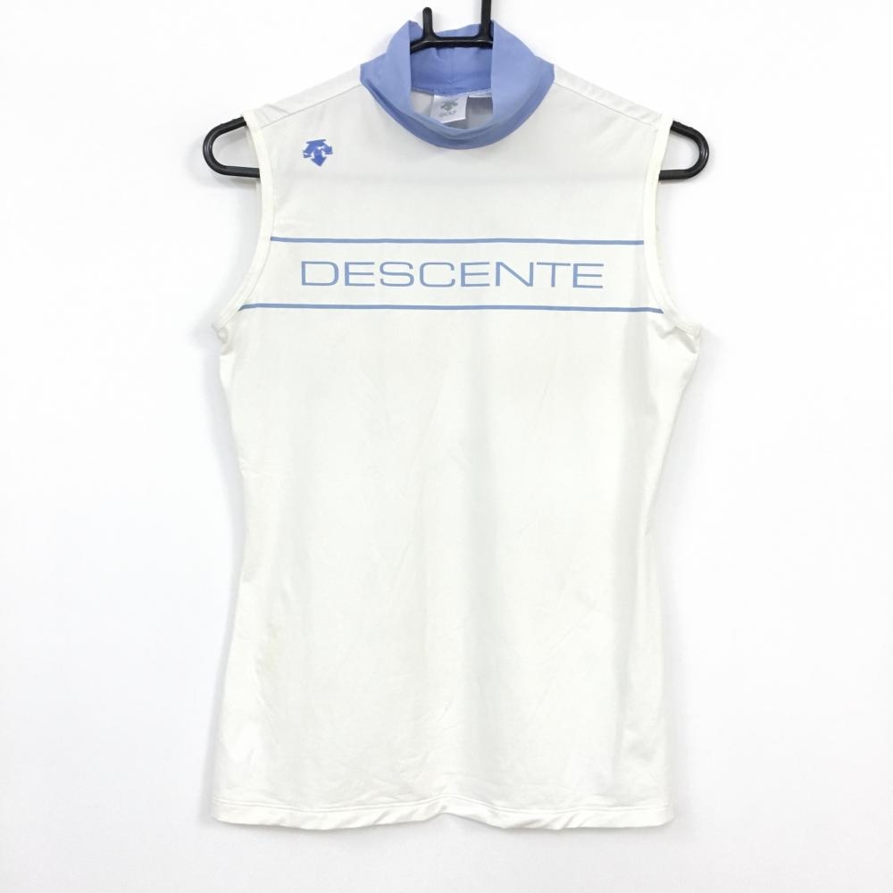2020年＊DESCENTE デサントゴルフ ノースリーブシャツ 白×ライトブルー ビッグロゴ 中田英寿  レディース L ゴルフウェア