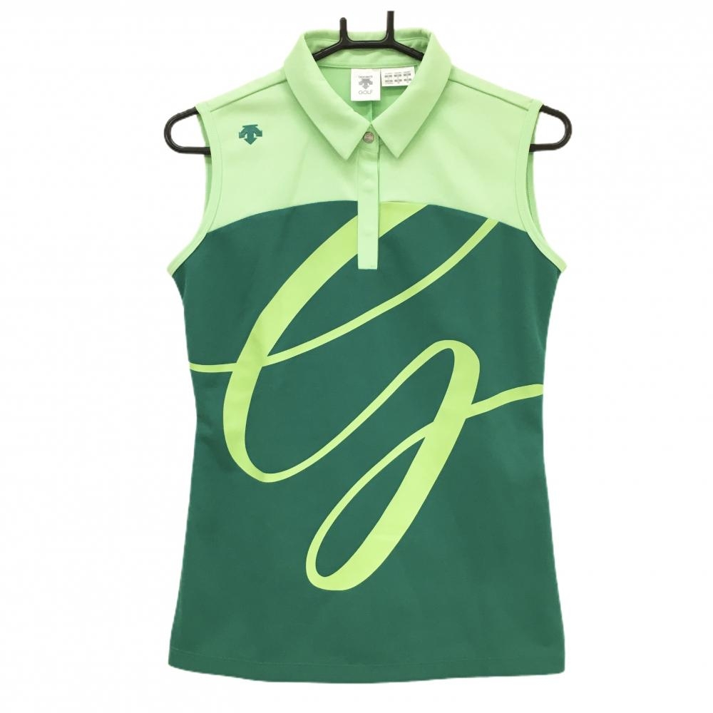 【超美品】デサントゴルフ ノースリーブポロシャツ グリーン×ライトグリーン スナップボタン  レディース L ゴルフウェア DESCENTE