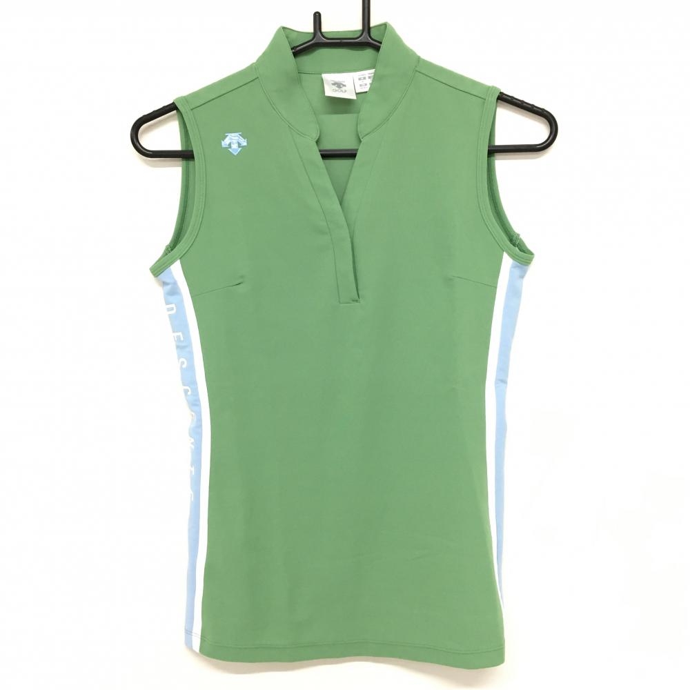 【超美品】デサントゴルフ ノースリーブスキッパーシャツ グリーン×ライトブルー 肩ロゴ  レディース S ゴルフウェア DESCENTE