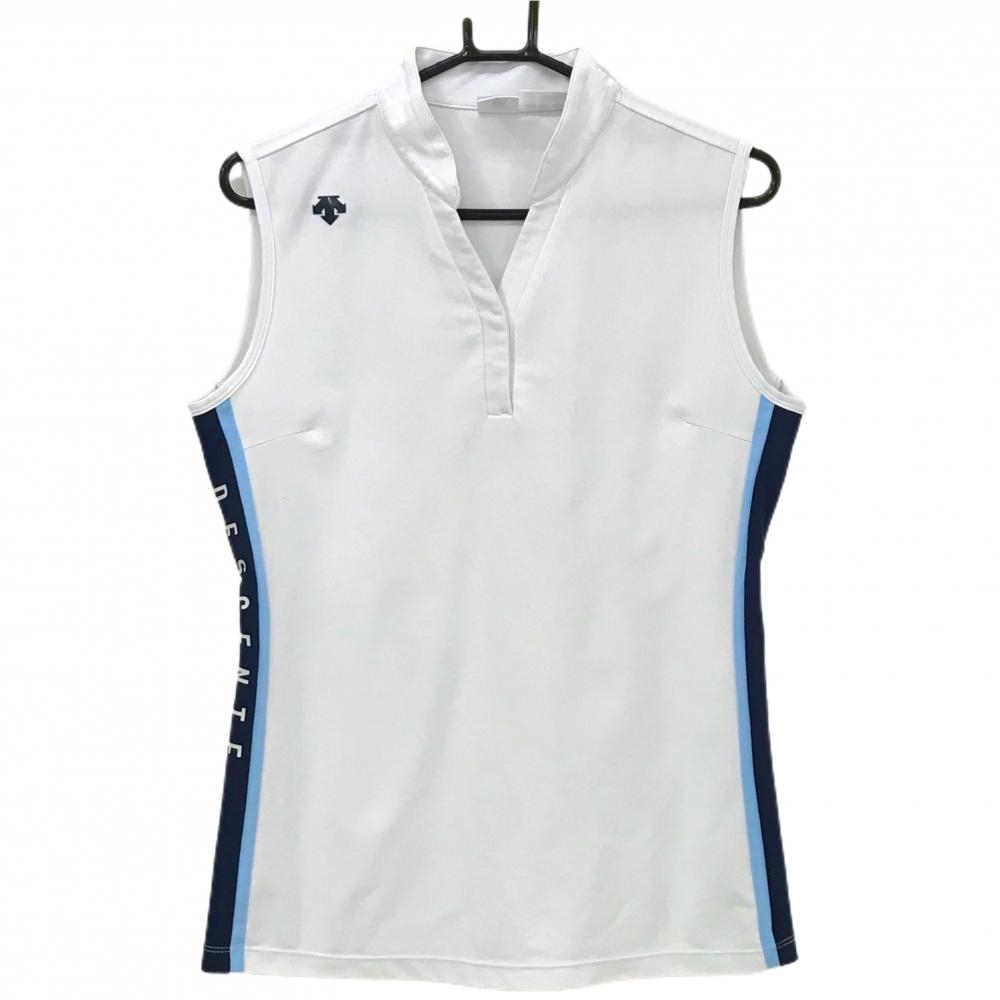 デサントゴルフ ノースリーブスキッパーシャツ 白×ネイビー サイドライン スナップボタン 中田英寿  レディース O ゴルフウェア DESCENTE