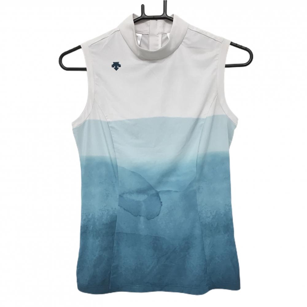 デサントゴルフ ノースリーブハイネックシャツ ライトグレー×ブルー系 後ろハーフジップ 韓国モデル レディース S ゴルフウェア DESCENTE