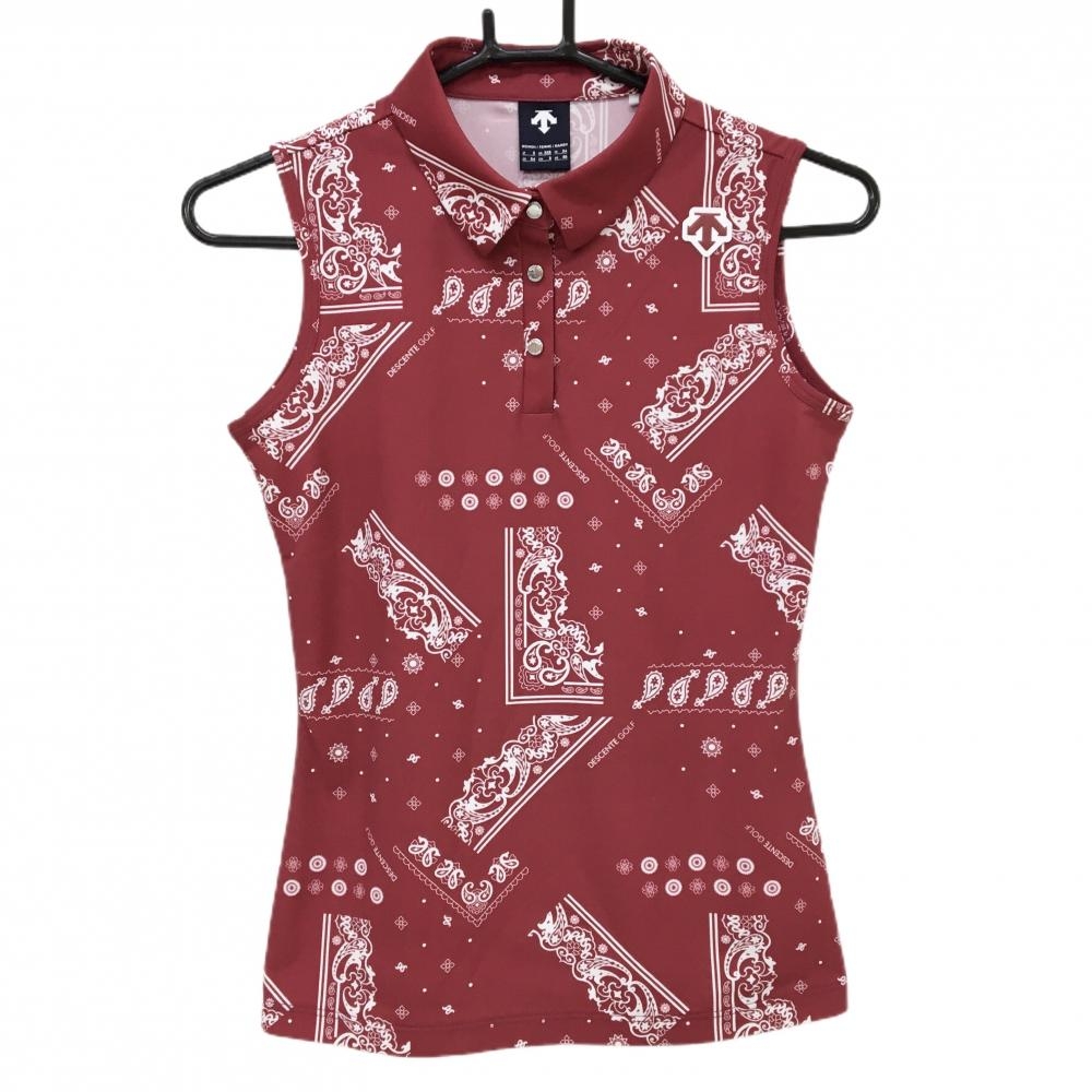 【超美品】デサントゴルフ ノースリーブポロシャツ ボルドー×白 ペイズリー風  レディース S ゴルフウェア 2024年モデル DESCENTE