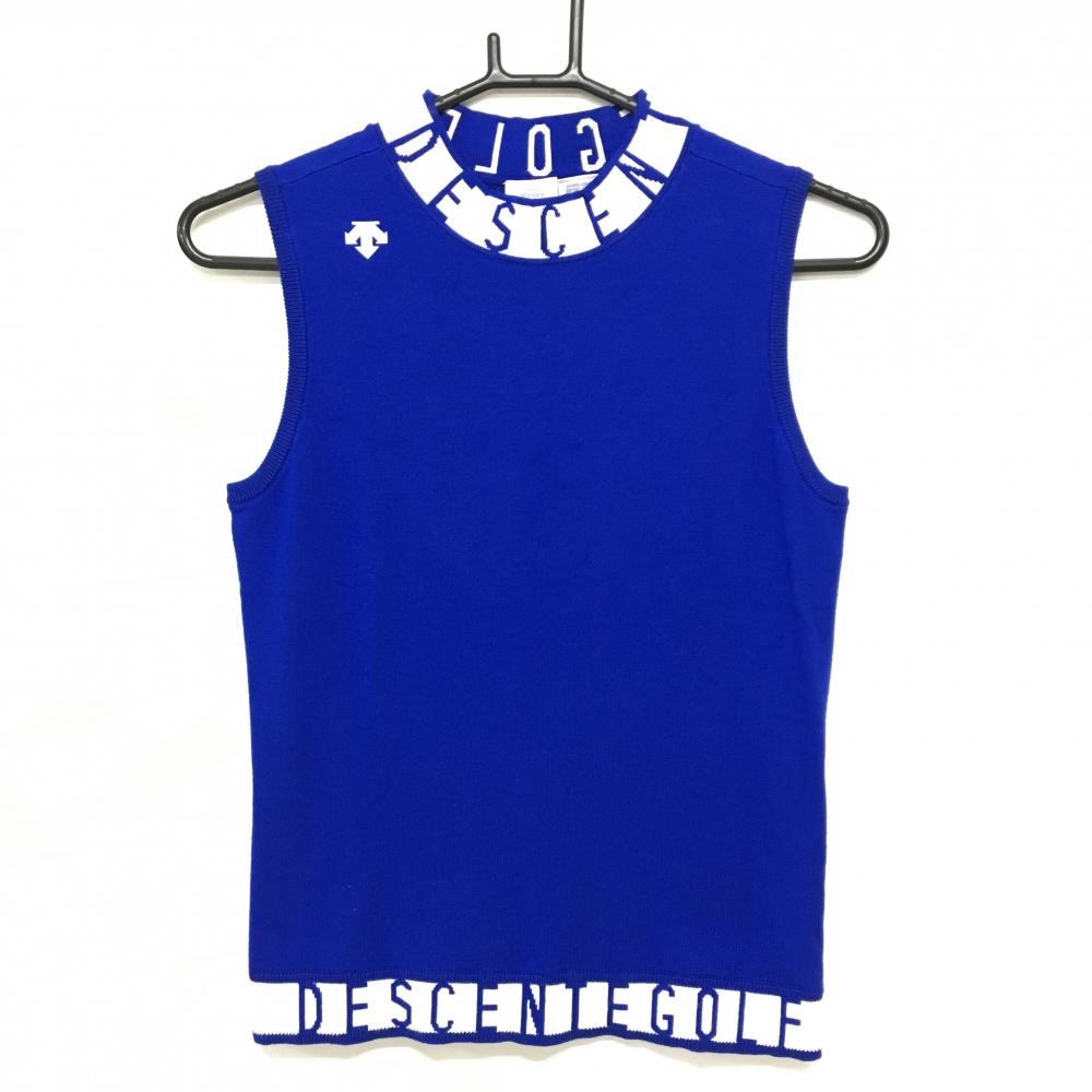 【超美品】デサントゴルフ ノースリーブニット ブルー×白 ネック・裾ロゴ 中田英寿 レディース M ゴルフウェア 2023年モデル DESCENTE
