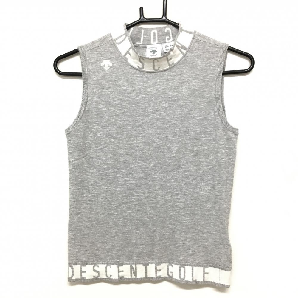 【超美品】デサントゴルフ ノースリーブニット 杢グレー×白 ネック・裾ロゴ 中田英寿 レディース M ゴルフウェア 2023年モデル DESCENTE