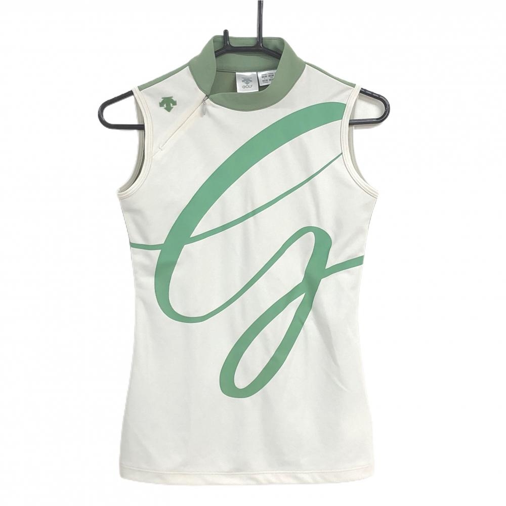 デサントゴルフ ノースリーブハイネックシャツ 白×グリーン フロントロゴ レディース S ゴルフウェア DESCENTE