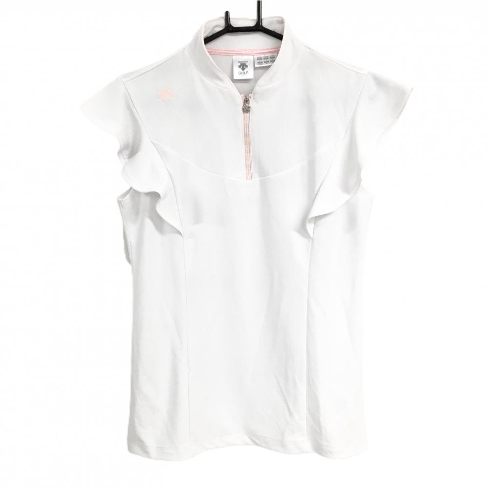 【新品】デサントゴルフ ノースリーブシャツ 白 袖フリル ハーフジップ 吸汗速乾 UVカット 遮熱 レディース L ゴルフウェア DESCENTE
