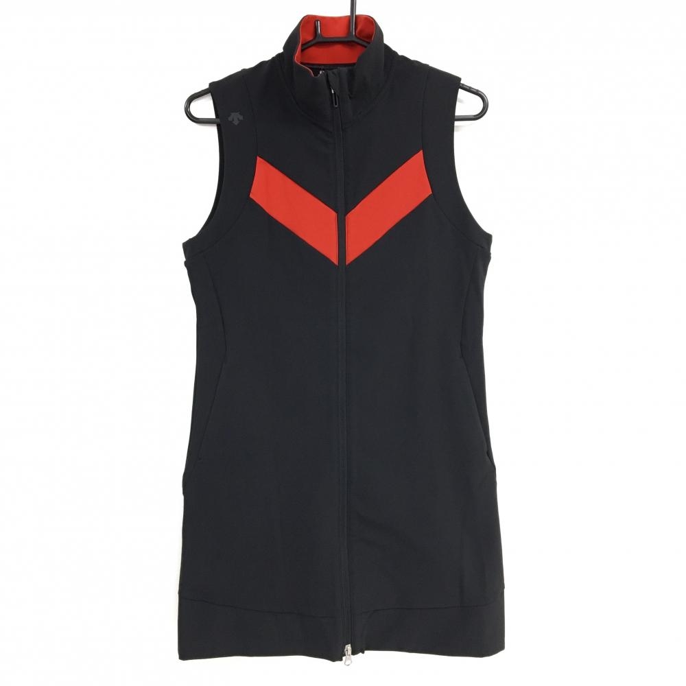【美品】デサントゴルフ ノースリーブワンピース 黒×レッド ストレッチ 中田英寿 レディース L ゴルフウェア DESCENTE