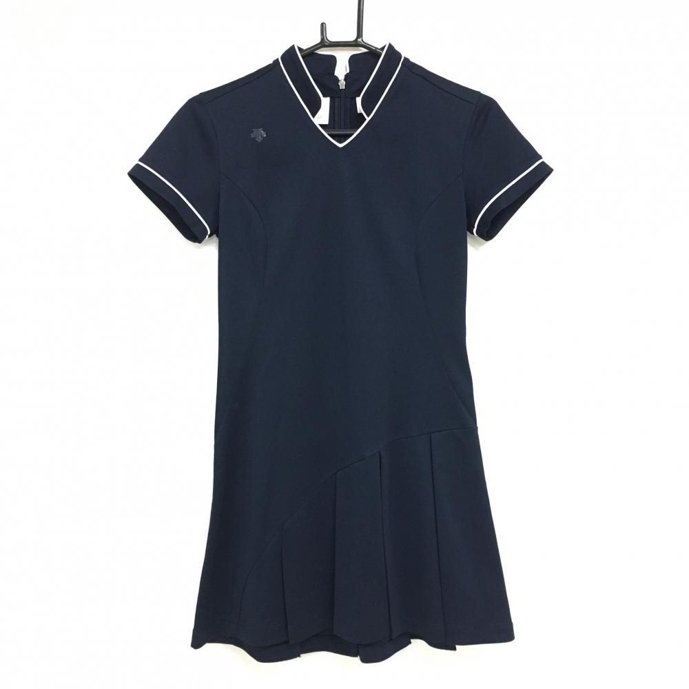 【美品】デサントゴルフ 半袖スキッパーワンピース ネイビー×白 裾プリーツ 韓国モデル 中田英寿 レディース S ゴルフウェア DESCENTE