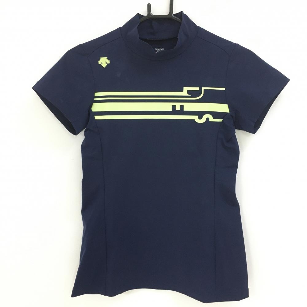 デサントゴルフ 半袖ハイネックシャツ ネイビー×イエロー 胸プリント 中田英寿 レディース M ゴルフウェア DESCENTE