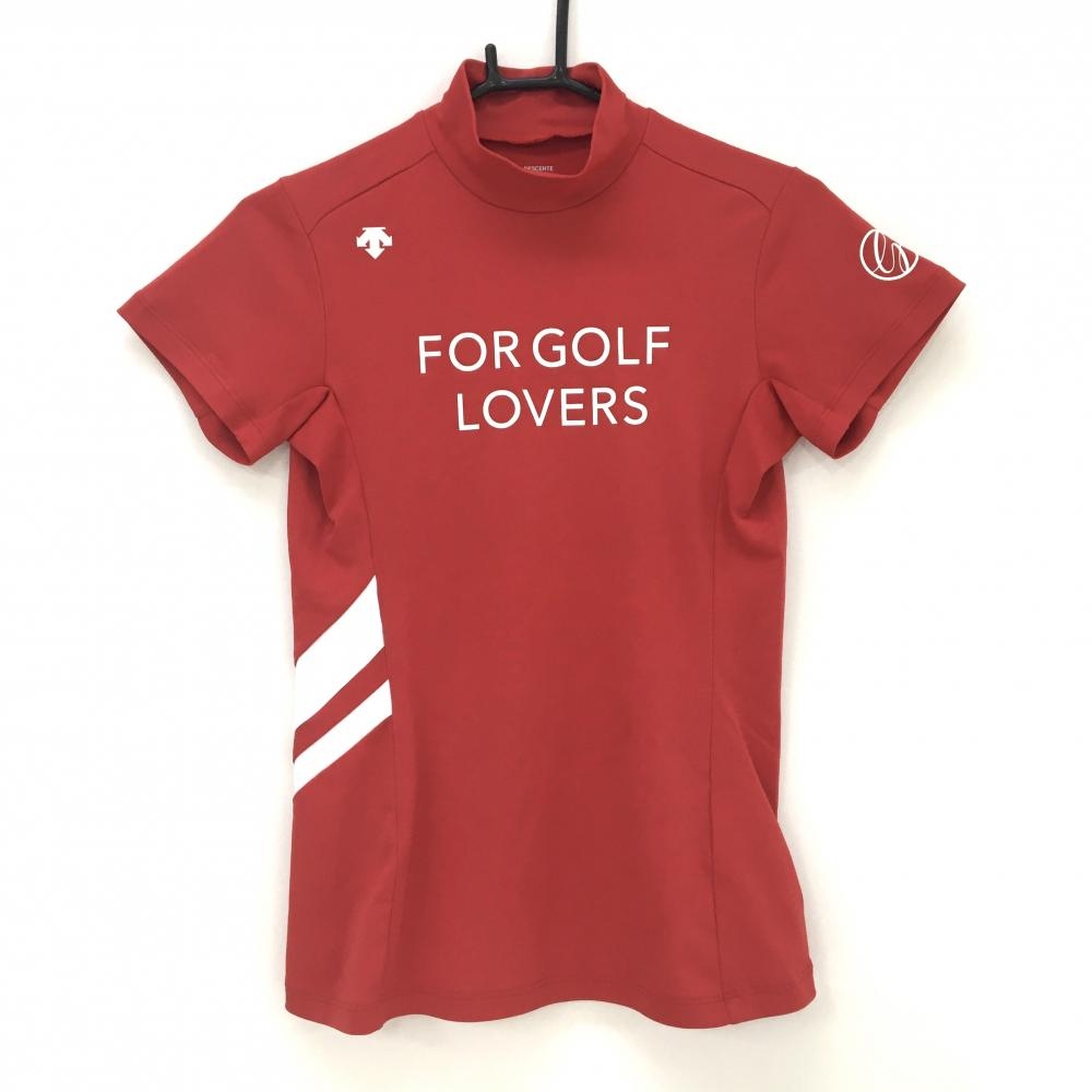 【超美品】デサントゴルフ 半袖ハイネックシャツ レッド×白 フロントロゴプリント 中田英寿 レディース M ゴルフウェア DESCENTE