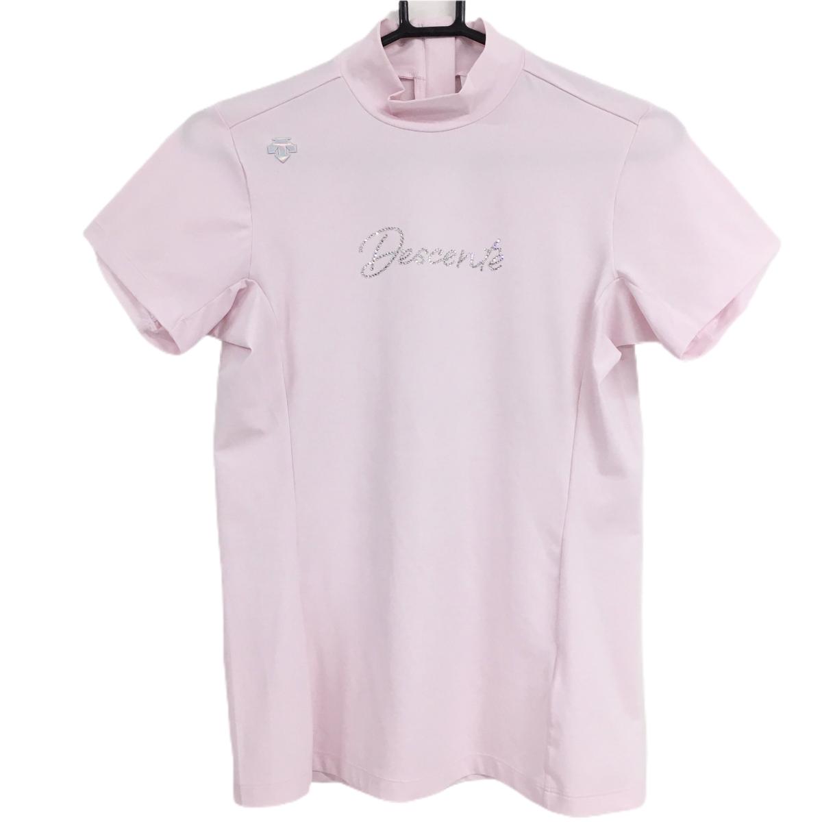 【美品】デサントゴルフ 半袖ハイネックシャツ ライトピンク フロントラインストーン レディース L ゴルフウェア DESCENTE