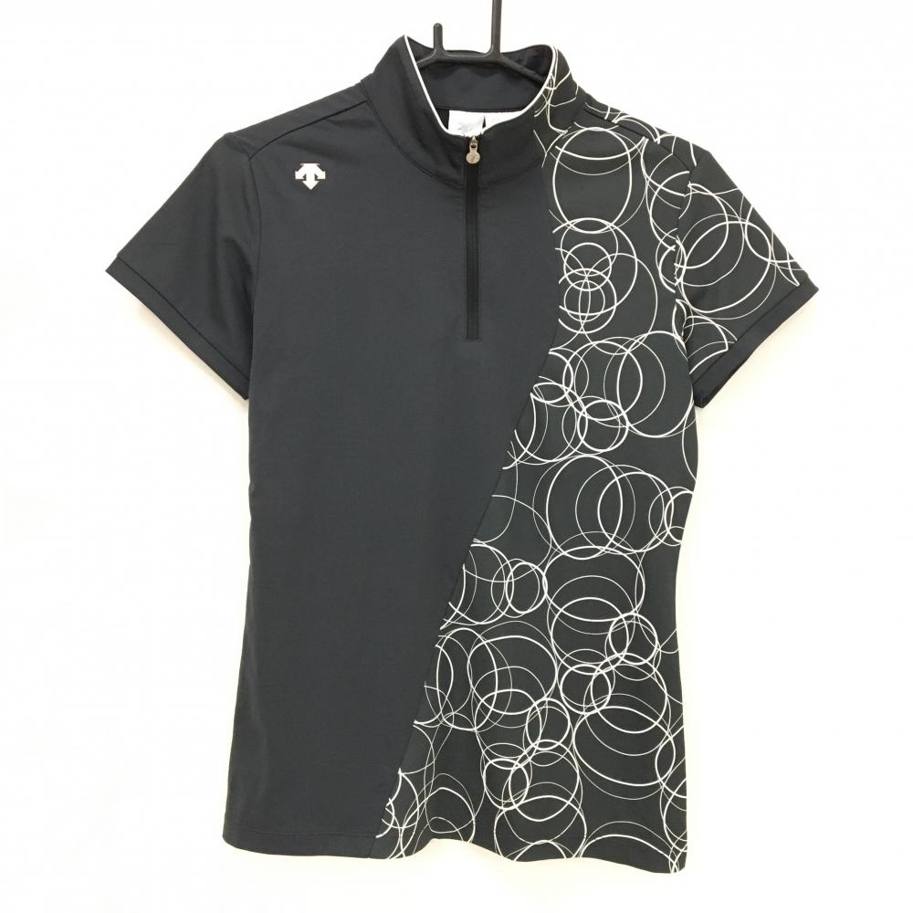 【美品】デサントゴルフ 半袖ハイネックシャツ 黒×白 左側柄 丸 ハーフジップ 肩ロゴ 中田英寿 レディース L ゴルフウェア DESCENTE