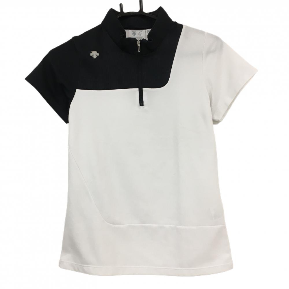 【美品】デサントゴルフ 半袖ハイネックシャツ 白×黒 胸元ロゴ ハーフジップ 中田英寿 レディース M ゴルフウェア DESCENTE