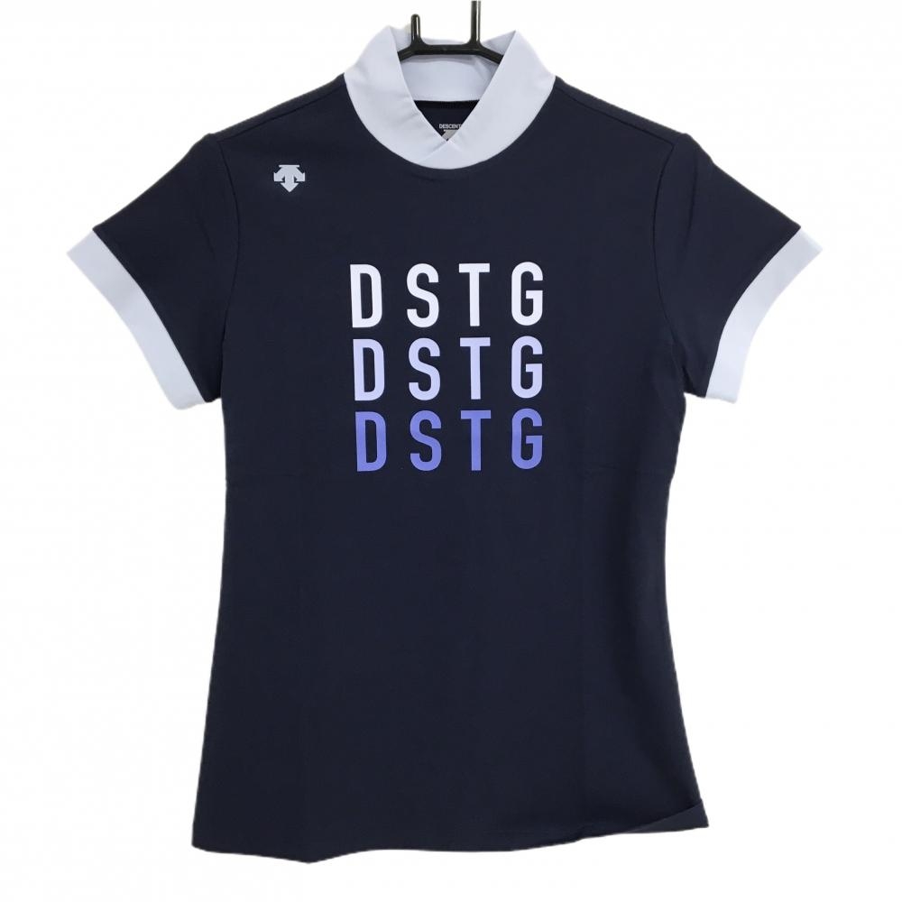 【新品】デサントゴルフ 半袖ハイネックシャツ ネイビー×ライトブルー ストレッチ 吸汗速乾 UVカット レディース L ゴルフウェア DESCENTE