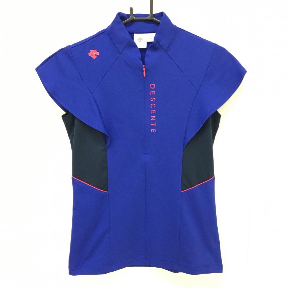 【超美品】デサントゴルフ 半袖ハイネックシャツ ブルー×ネイビー ハーフジップ 中田英寿 レディース M ゴルフウェア DESCENTE