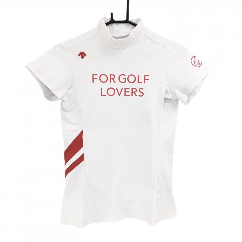 デサントゴルフ 半袖ハイネックシャツ 白×レッド フロントロゴプリント 中田英寿  レディース M ゴルフウェア DESCENTE