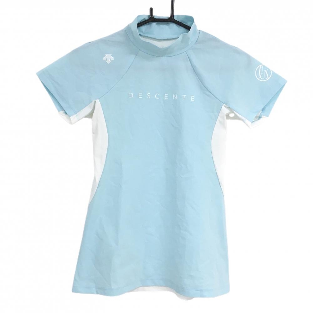【超美品】デサントゴルフ 半袖ハイネックシャツ ライトブルー×白 フロントロゴ 中田英寿 レディース M ゴルフウェア DESCENTE
