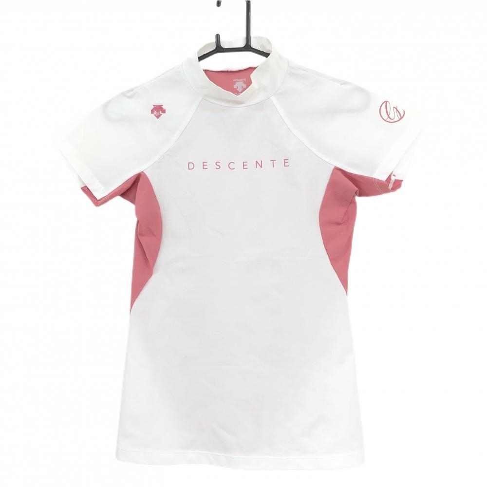 デサントゴルフ 半袖ハイネックシャツ 白×ピンク系 フロントロゴ 中田英寿 レディース M ゴルフウェア DESCENTE