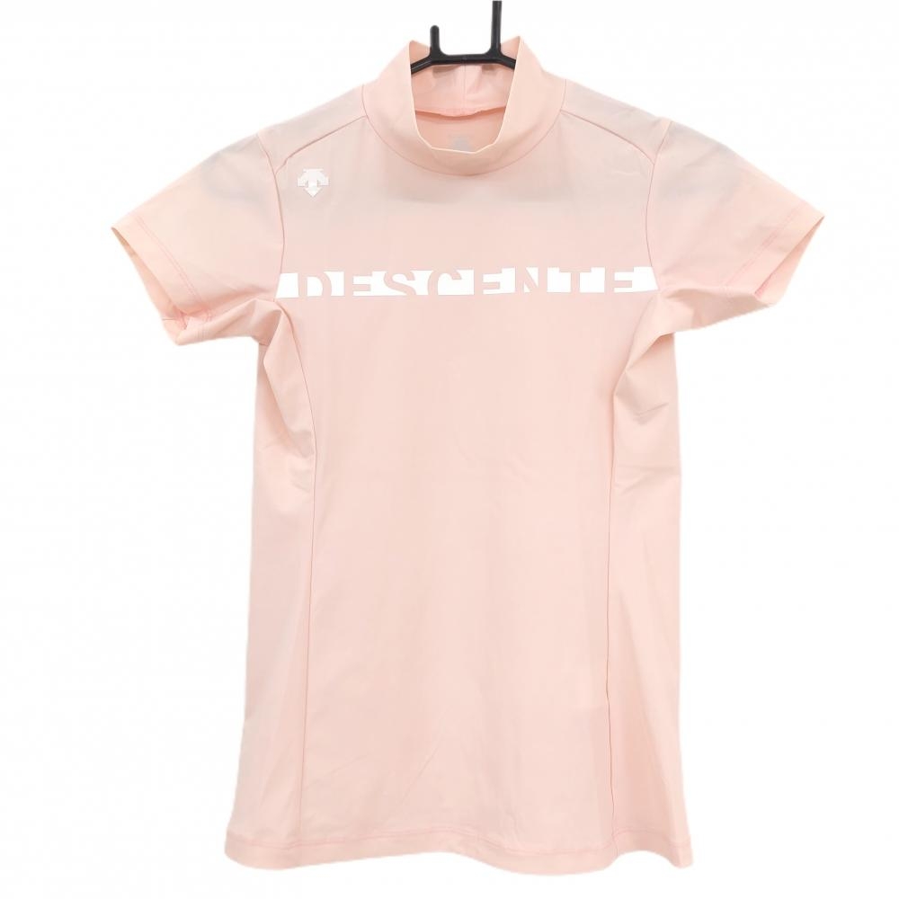 【超美品】デサントゴルフ 半袖ハイネックシャツ ライトピンク×白 肩立体ロゴ ストレッチ 中田英寿 レディース S ゴルフウェア DESCENTE