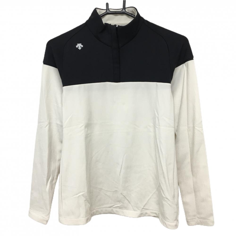 【美品】デサントゴルフ 長袖ハイネックシャツ 黒×白 胸元ロゴ ハーフジップ 中田英寿 レディース M ゴルフウェア DESCENTE