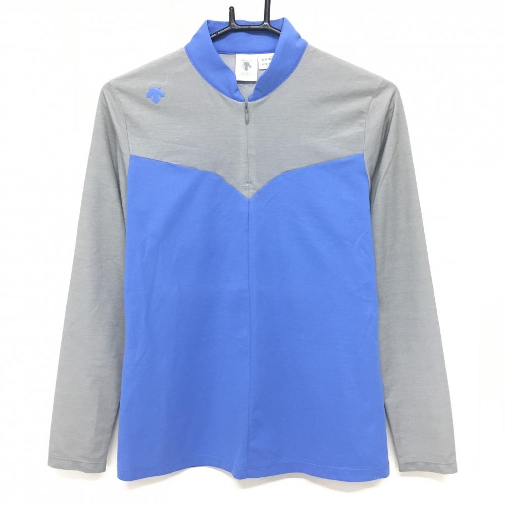 【超美品】デサントゴルフ 長袖ハイネックシャツ ブルー×ライトグレー バイカラー ハーフジップ  レディース L ゴルフウェア DESCENTE