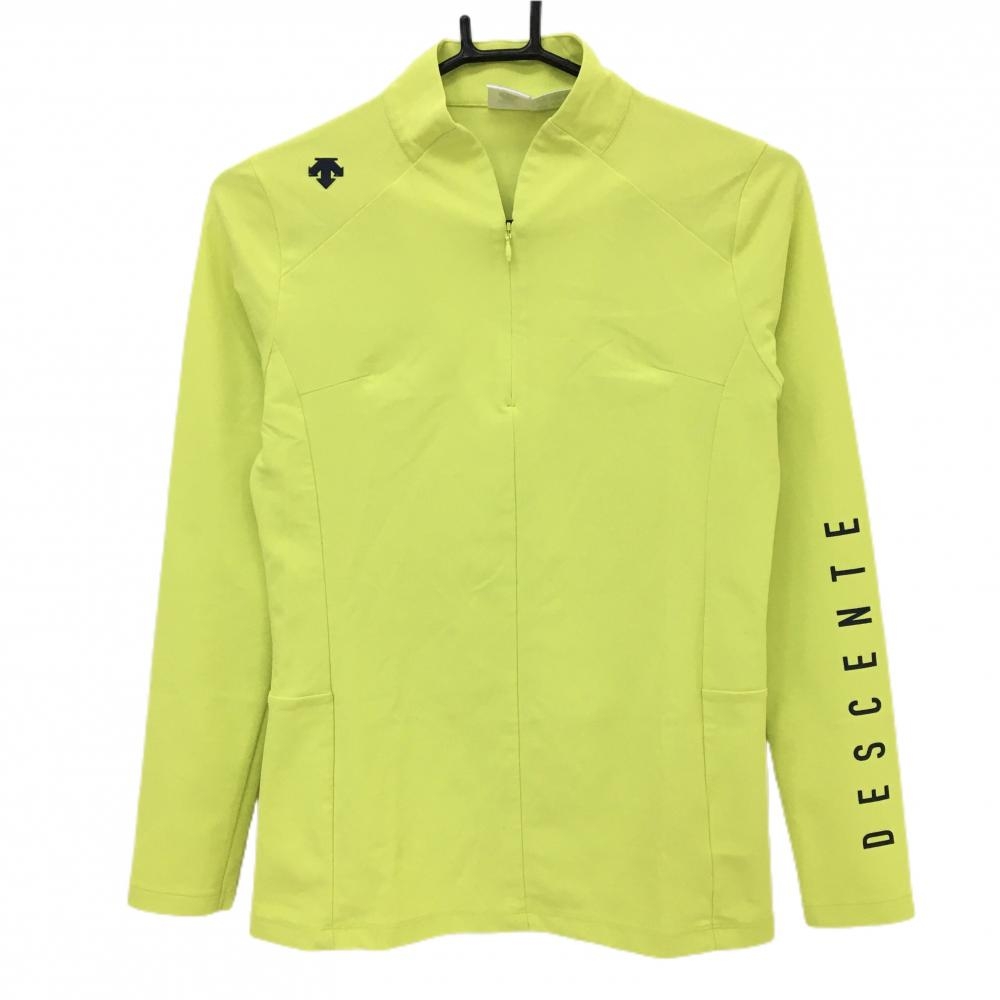 【超美品】デサントゴルフ 長袖ハイネックシャツ イエローグリーン×黒 ハーフジップ 袖ロゴ レディース M ゴルフウェア DESCENTE