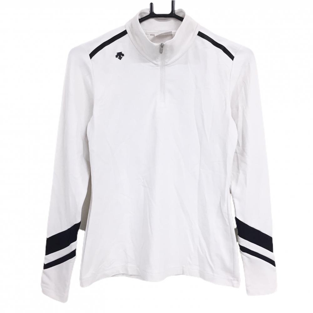 デサントゴルフ 長袖ハイネックシャツ 白×黒 肩ロゴ ハーフジップ 中田英寿 レディース S ゴルフウェア DESCENTE