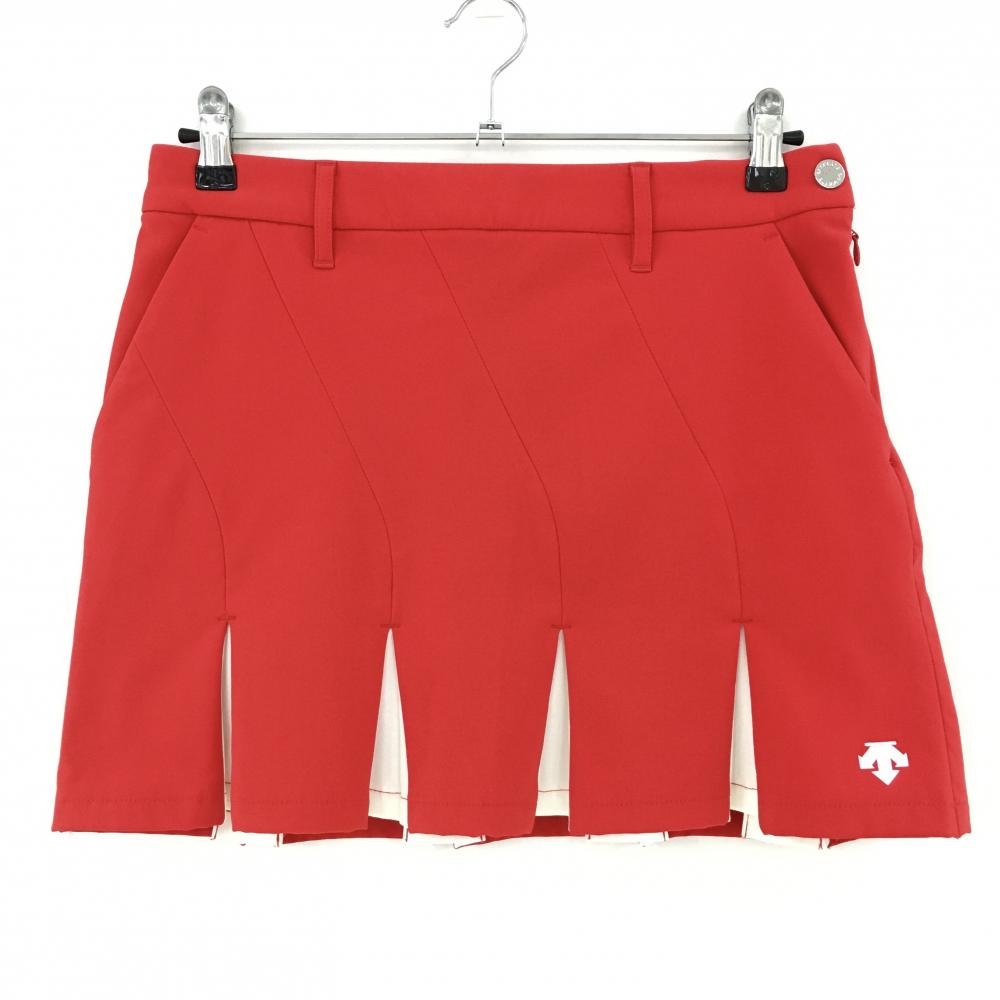 【美品】デサントゴルフ スカート レッド×白 裾プリーツ 裏微起毛 中田英寿  レディース 67/L ゴルフウェア 2022年モデル DESCENTE