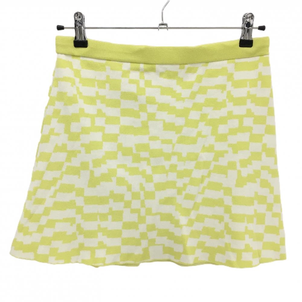 【美品】デサントゴルフ ニットスカート ライムイエロー×白 総柄 ウエストゴム 調節紐 中田英寿  レディース L ゴルフウェア DESCENTE