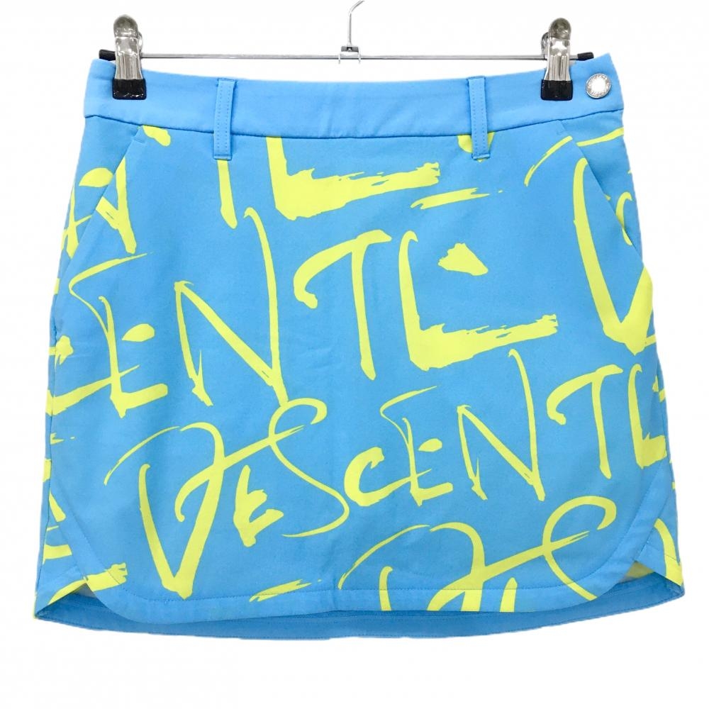 【超美品】デサントゴルフ スカート ライトブルー×イエロー 英字総柄 ストレッチ 中田英寿 レディース 64/M ゴルフウェア DESCENTE