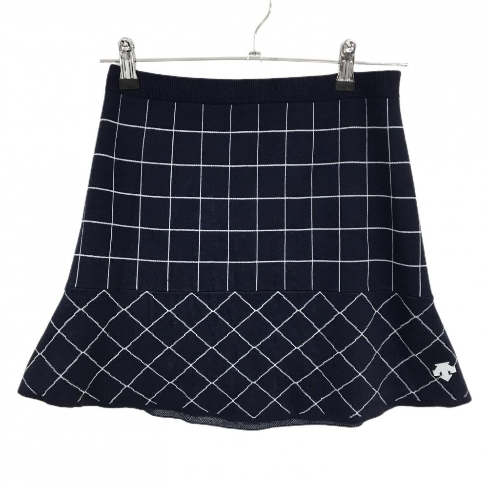 【美品】デサントゴルフ スカート ネイビー×白 チェック 裾ロゴ 中田英寿  レディース S ゴルフウェア DESCENTE