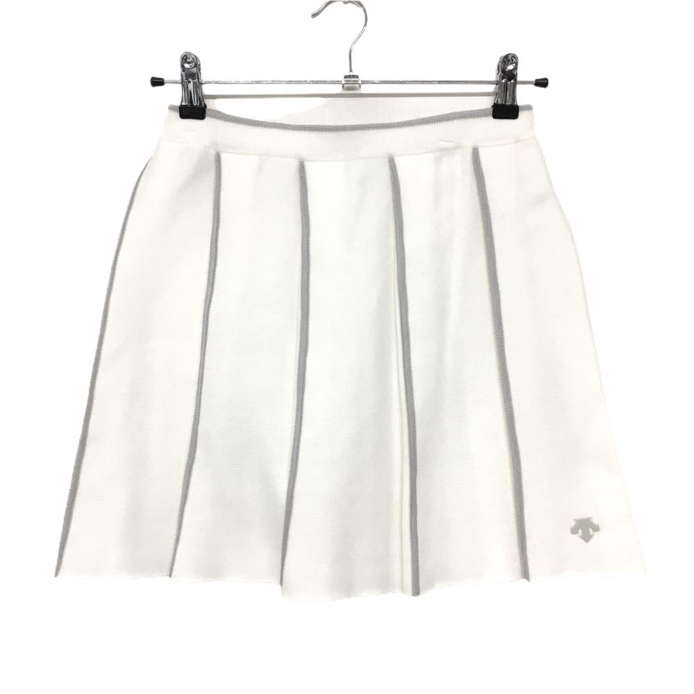 【美品】デサントゴルフ ニットプリーツスカート 白×グレー 裾ロゴ ウエストゴム 調節紐 中田英寿 レディース S ゴルフウェア DESCENTE