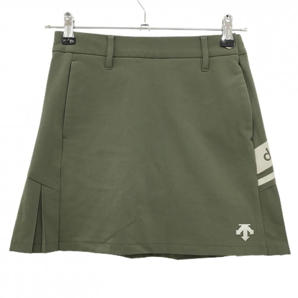 【美品】デサントゴルフ スカート カーキ×ベージュ サイドプリーツ 裾ロゴ 内側インナーパンツ レディース 58/SS ゴルフウェア DESCENTE
