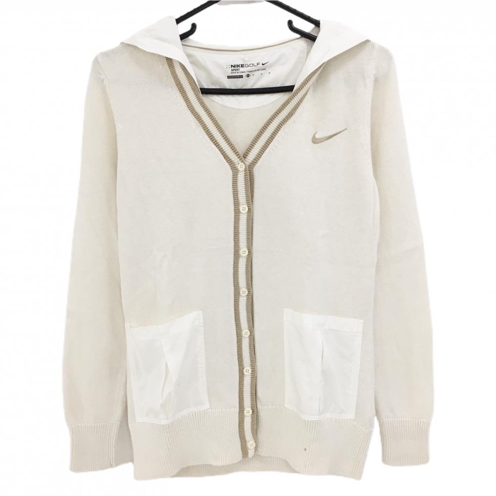ナイキ ニットカーディガン 白×ベージュ フード付 レディース M ゴルフウェア NIKE