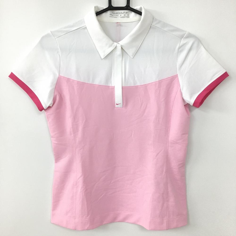 【超美品】ナイキ 半袖ポロシャツ 白×ピンク ハーフジップ FITDRY レディース M ゴルフウェア NIKE